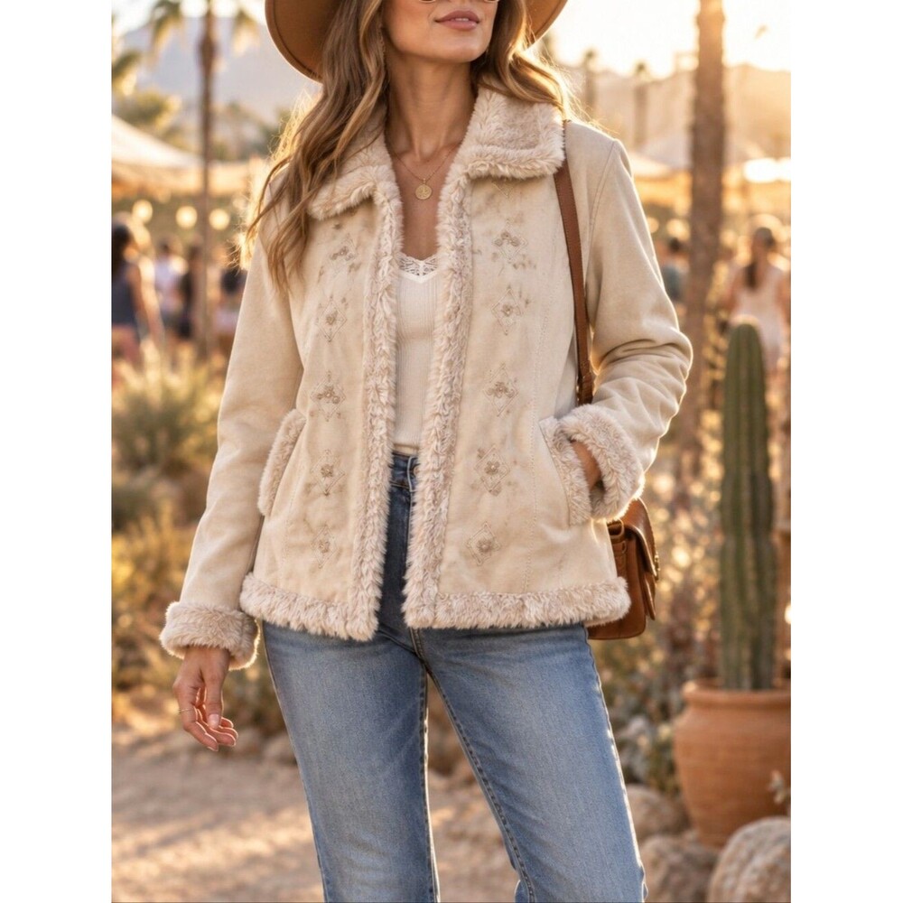 Beige Faux Suede Sherpa Lined Coat Jacket 1X Faux Fur Penny Lane Boho Festival